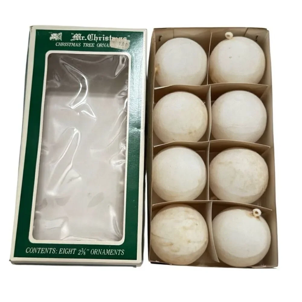 Vintage (1972) MR CHRISTMAS Flocked Ornaments Boxed white Unbreakable 2-3/8” MCM